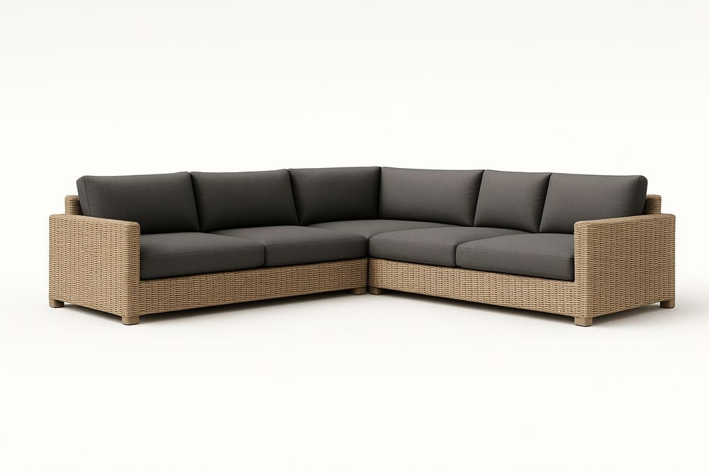 Canapé d'angle en rotin synthétique avec coussins en polyester gris 