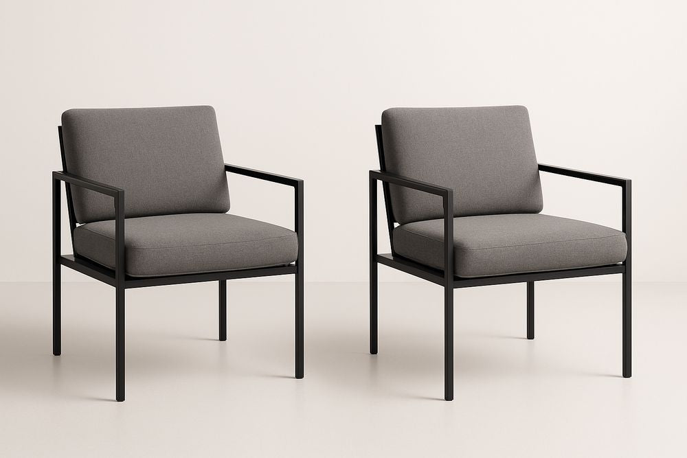 Ensemble de 2 fauteuils en tissu gris avec cadre en métal noir 