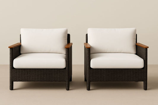 Ensemble de Fauteuils en Résine Tressée et Bois avec Coussins Crème