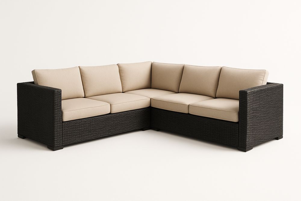 Canapé d'angle extérieur en résine et coussins beige 