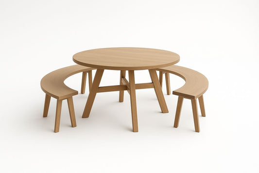 Table ronde en bois avec bancs Marron clair