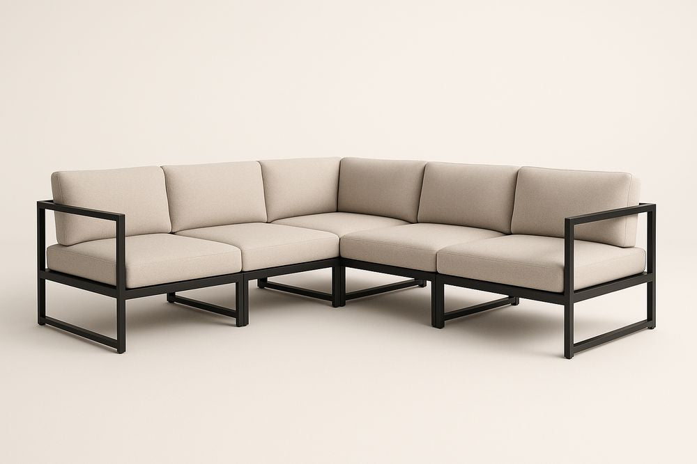 Canapé d'angle en métal et tissu beige 5 places