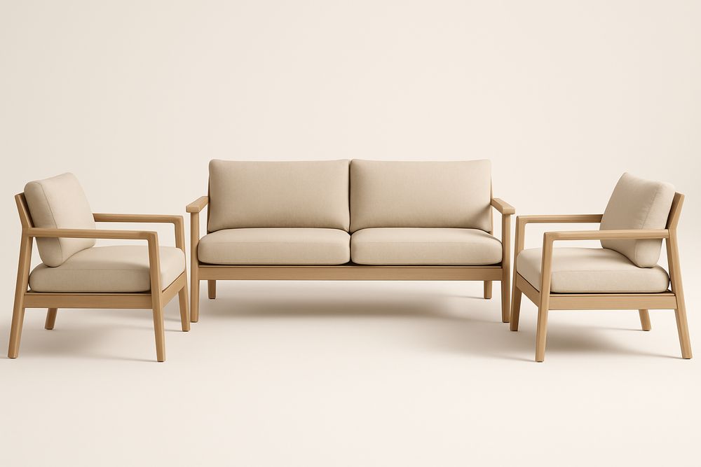 Ensemble de salon en chêne et tissu polyester beige