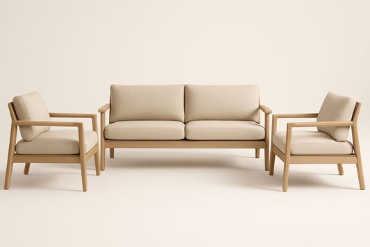 Ensemble de salon en chêne et tissu polyester beige