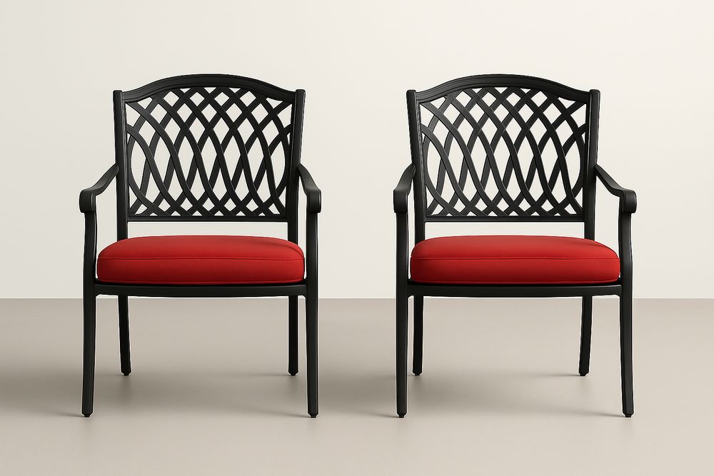Paire de chaises en métal noir avec coussin rouge