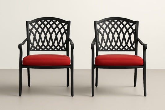 Paire de chaises en métal noir avec coussin rouge