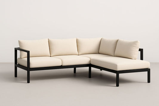 Canapé d'angle en métal noir avec coussins en tissu beige