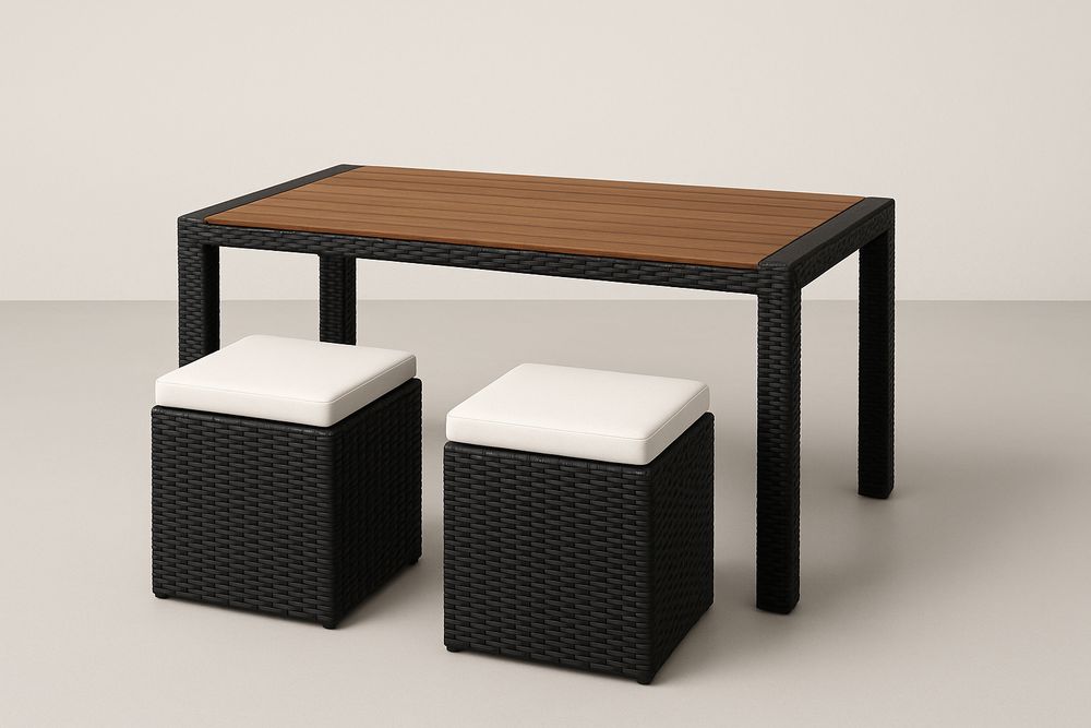 Table rectangulaire en résine tressée noire et bois avec tabourets