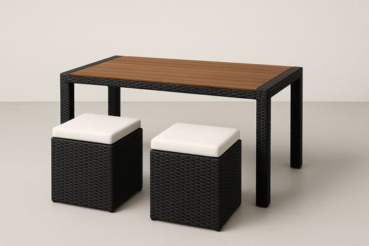 Table rectangulaire en résine tressée noire et bois avec tabourets