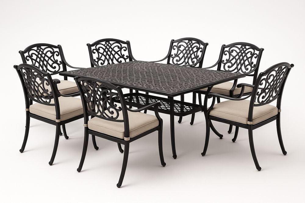 Table de jardin rectangulaire en métal noir avec 7 chaises à coussins