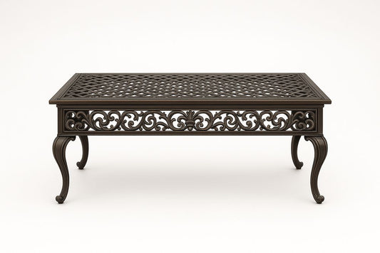 Table basse en aluminium brun avec motifs sculptés