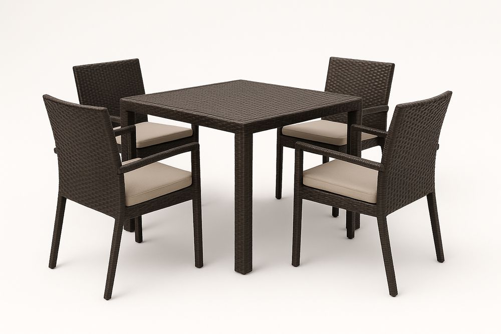 Ensemble Table et Chaises en Résine Tressée Marron avec Coussins Beige