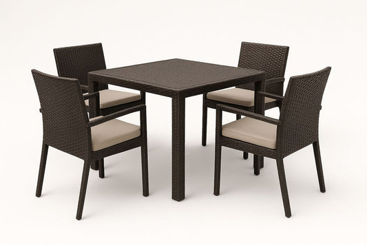 Ensemble Table et Chaises en Résine Tressée Marron avec Coussins Beige