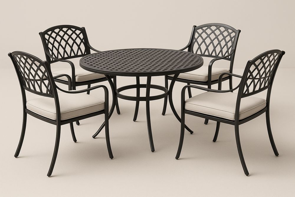 Ensemble de Salle à Manger Extérieur en Métal Noir avec Coussins Beiges