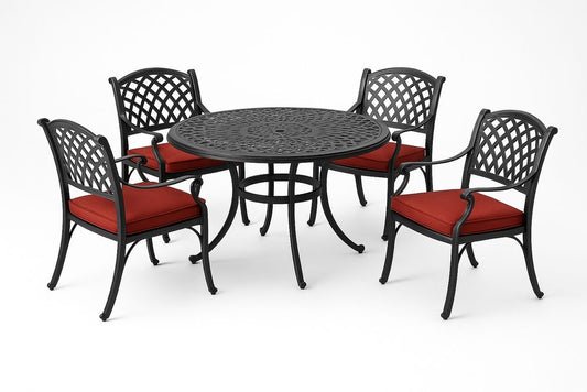 Ensemble table ronde et chaises en métal noir avec coussins rouges