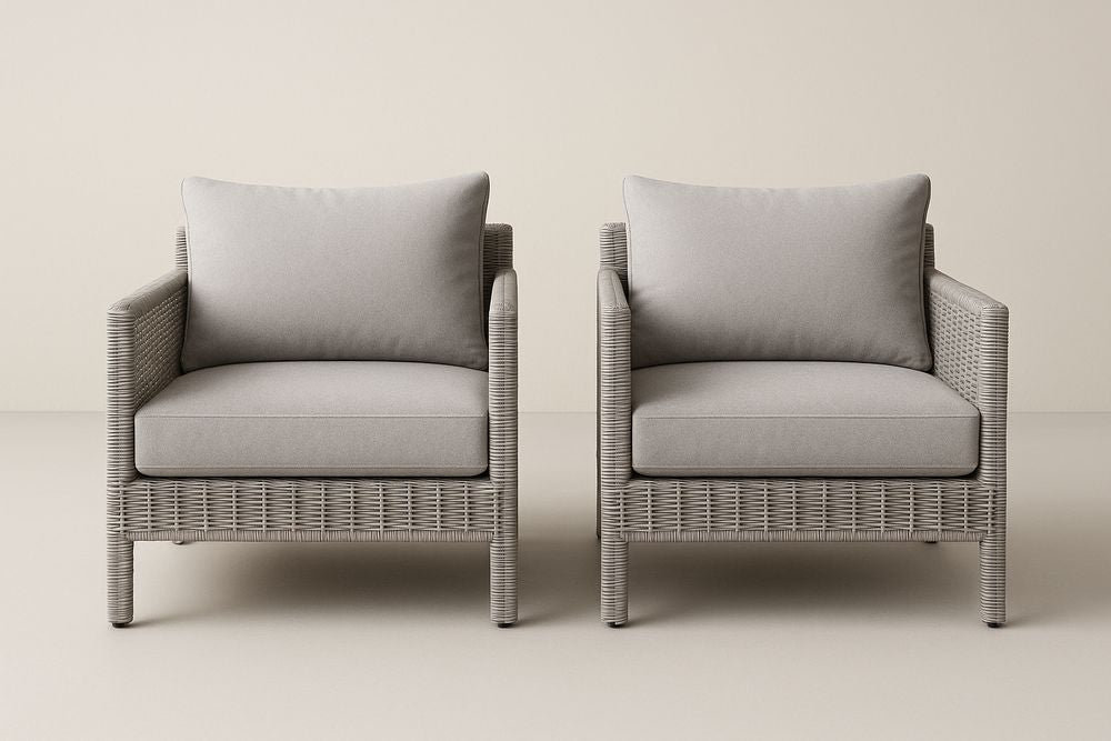 Lot de 2 fauteuils en osier gris avec coussins en polyester