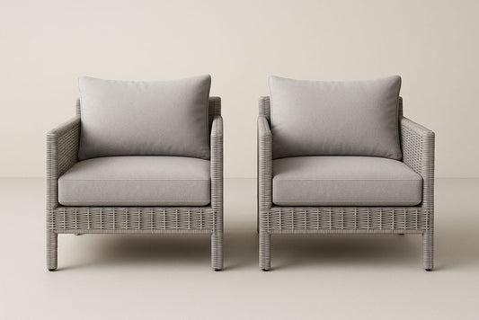 Lot de 2 fauteuils en osier gris avec coussins en polyester