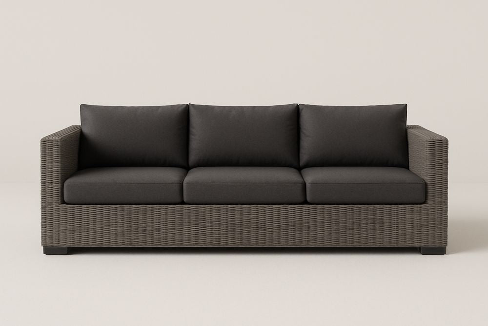 Canapé 3 places en rotin synthétique Gris avec coussins en tissu 