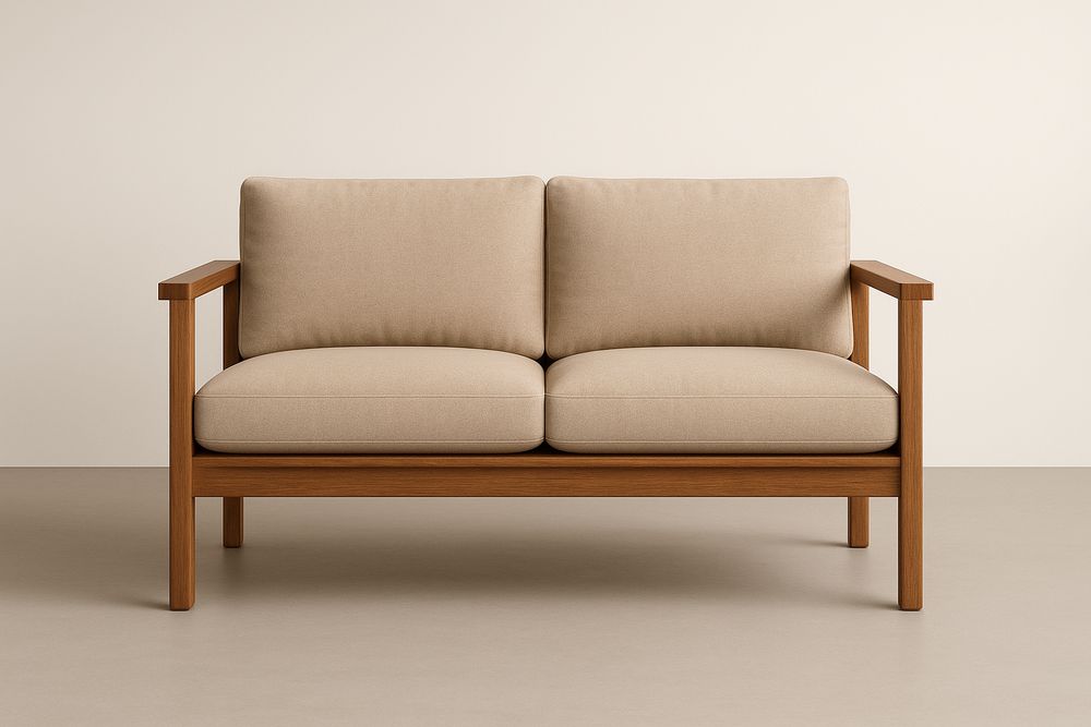 Canapé 2 places en bois avec coussins en polyester beige