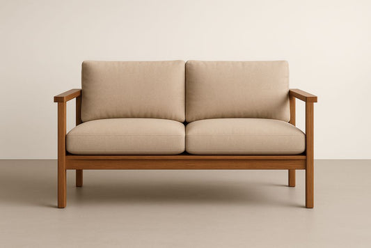 Canapé 2 places en bois avec coussins en polyester beige