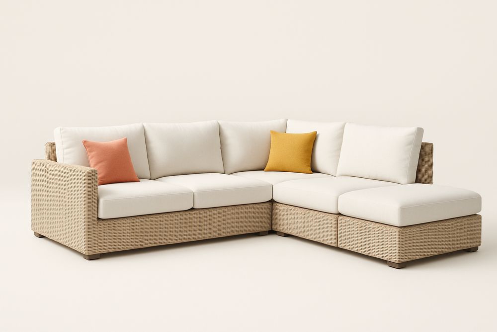 Canapé d'angle en rotin avec coussins en polyester crème, orange et moutarde