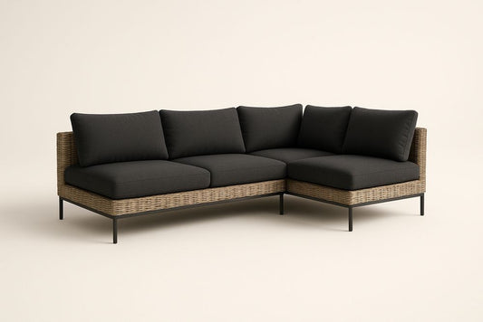 Canapé d'angle en rotin synthétique et coussins en polyester