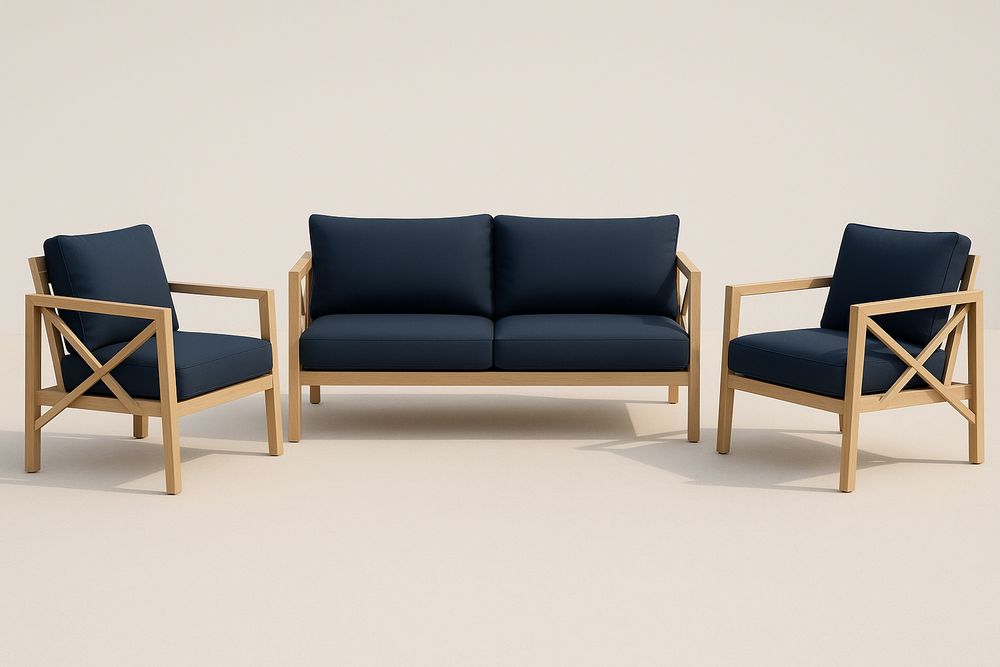 Ensemble de Salon en Bois avec Coussins Bleus