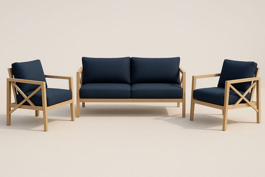 Ensemble de Salon en Bois avec Coussins Bleus