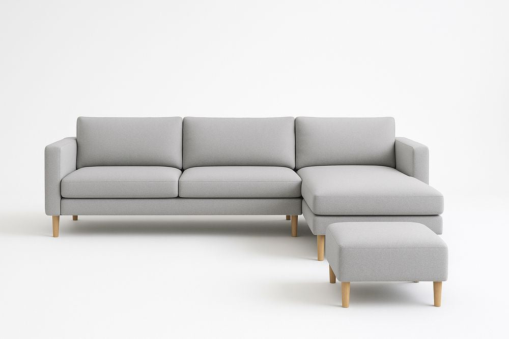 Canapé d'angle en tissu polyester gris avec pieds en bois de hêtre