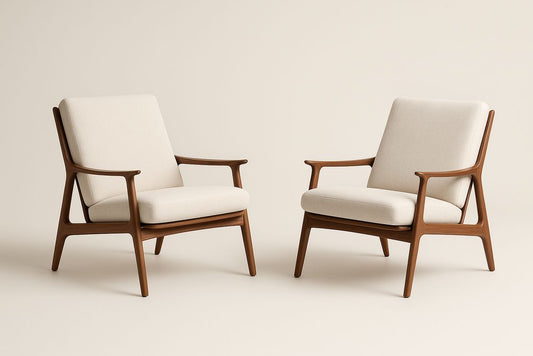 Fauteuils en Bois et Tissu Beige Lot de 2