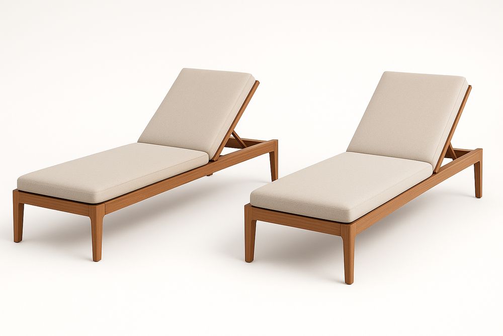 Lot de deux chaises longues en bois avec coussins beige ajustables