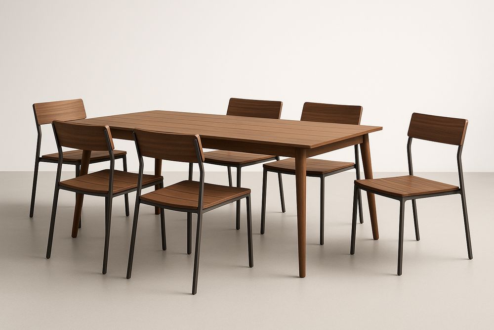 Table à manger rectangulaire en bois et métal avec 6 chaises brunes