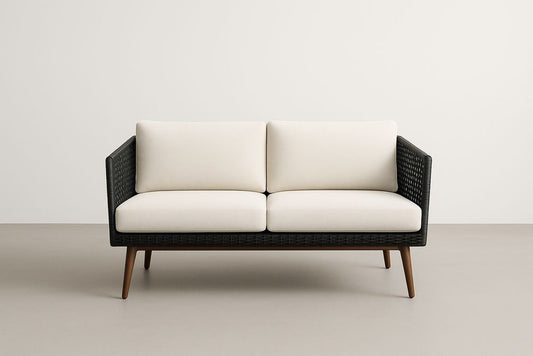 Canapé 2 places noir et blanc en bois et rotin synthétique