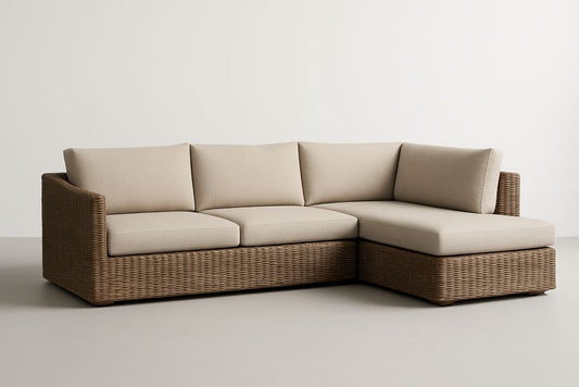 Canapé d'Angle en Rotin Marron avec Coussins Beige