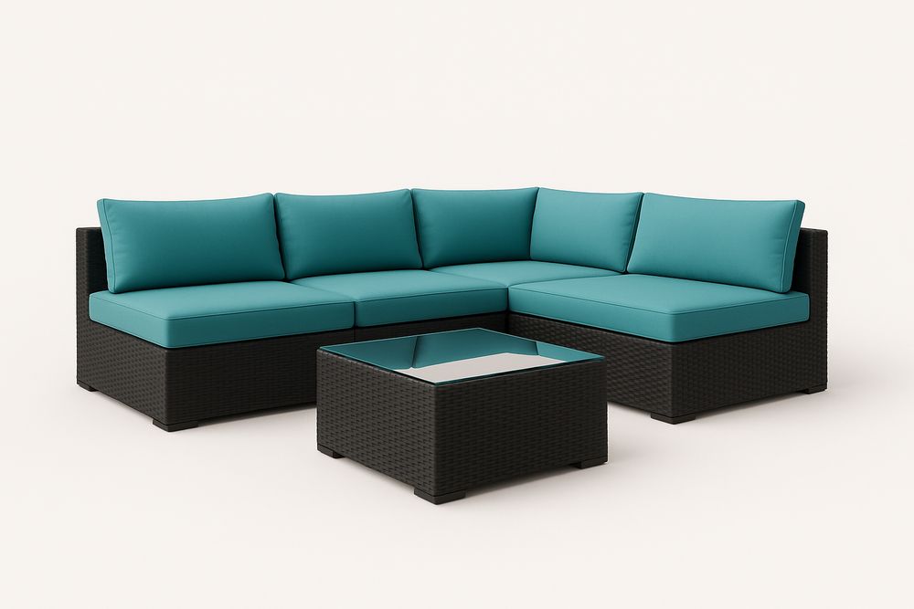 Ensemble de canapé d'angle en résine tressée avec table basse en verre, coussins bleus 