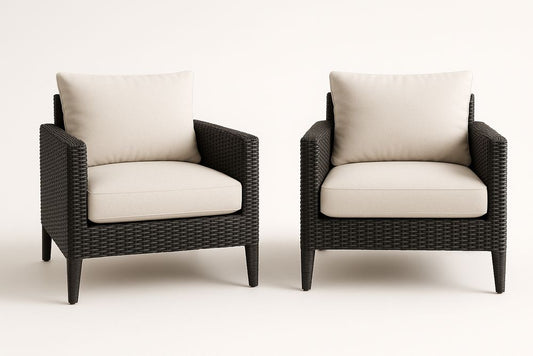 Fauteuil en Rotin Résine Noir avec Coussins en Polyester