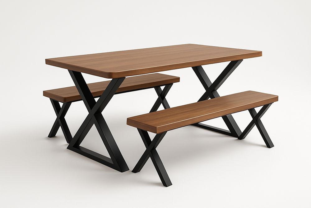 Table à manger en bois brun avec bancs en métal noir