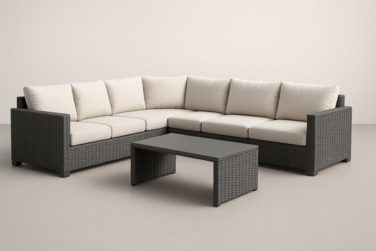 Ensemble de canapé d'angle en résine tressée avec coussins en polyester