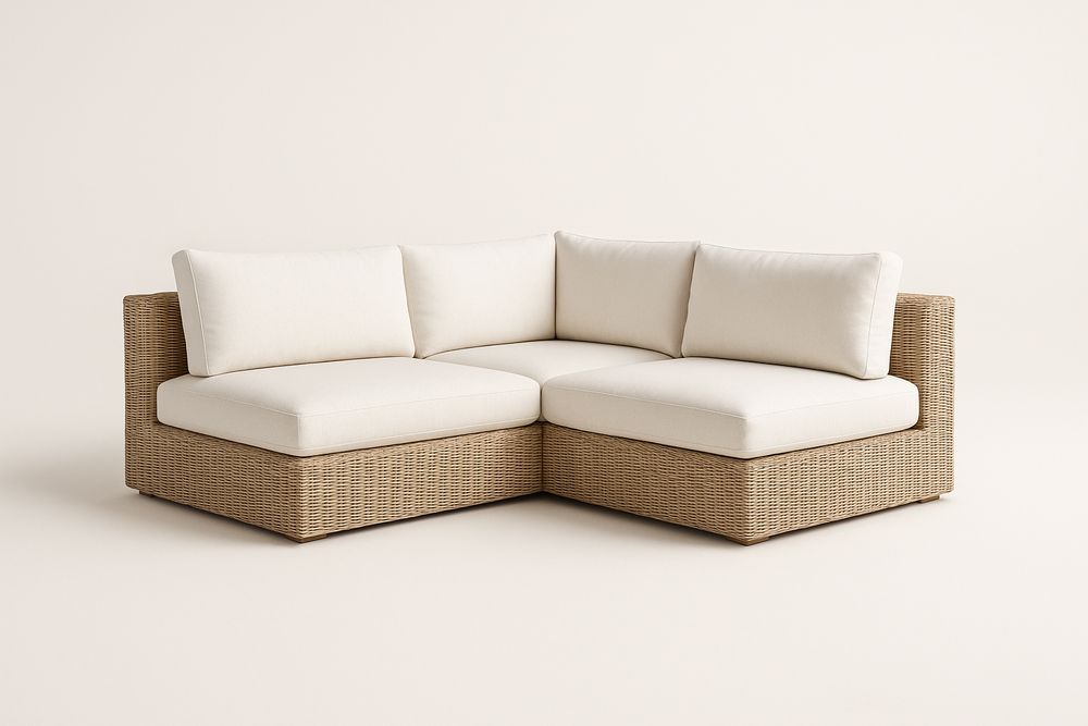 Canapé d'angle en osier coussins crème
