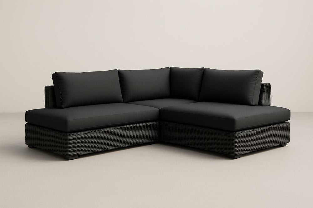 Canapé sectionnel en résine tressée noire avec coussins en polyester pour extérieur