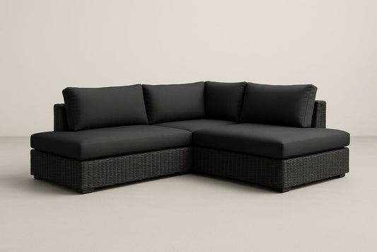 Canapé sectionnel en résine tressée noire avec coussins en polyester pour extérieur