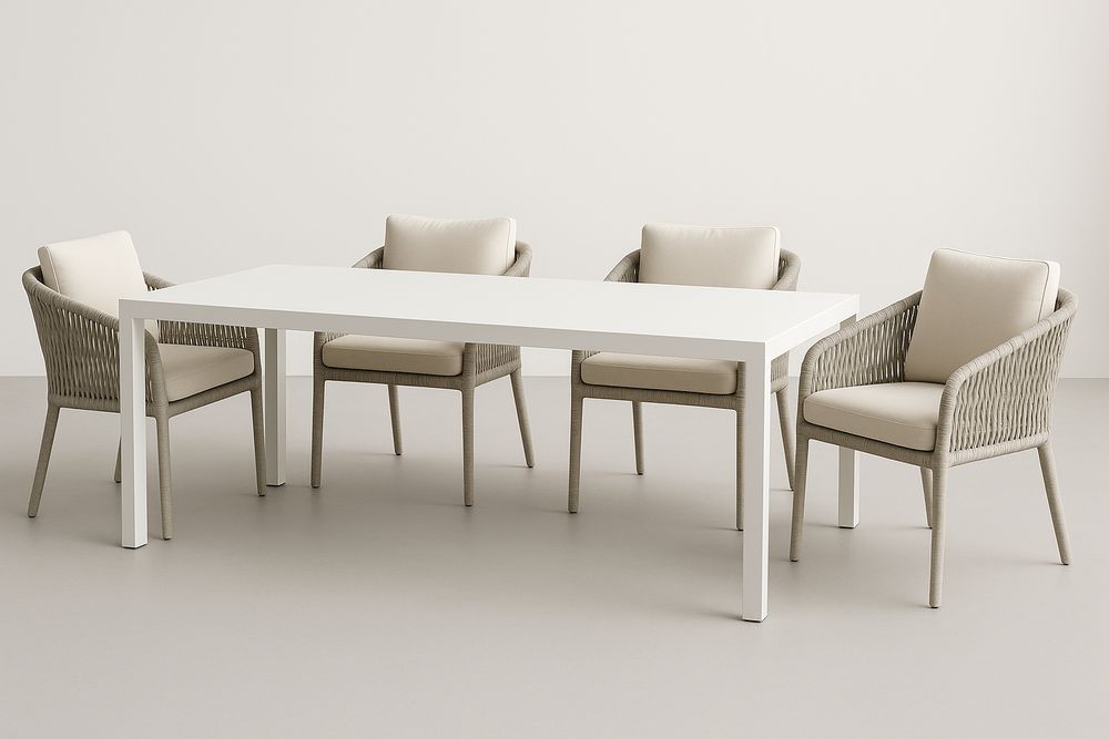 Table et chaises de salle à manger en aluminium et cordage avec coussins