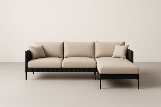 Canapé d'angle modulable en osier noir et tissu beige