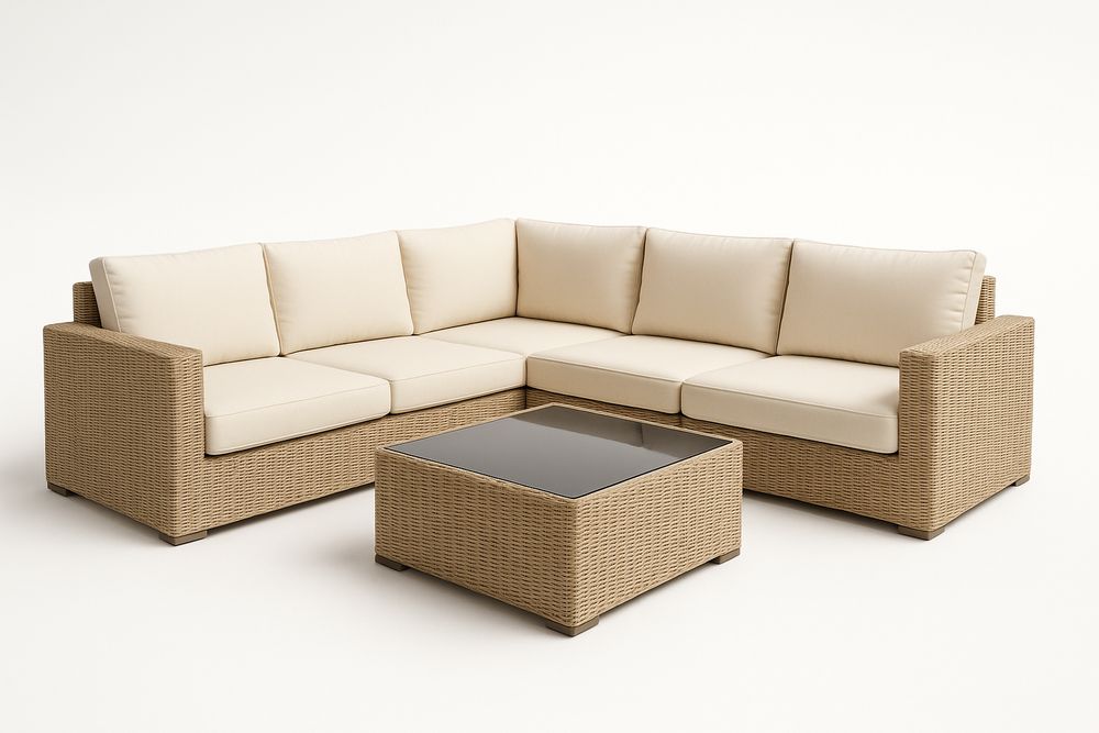 Canapé d'angle en résine tressée avec coussins crèmes et table basse en verre