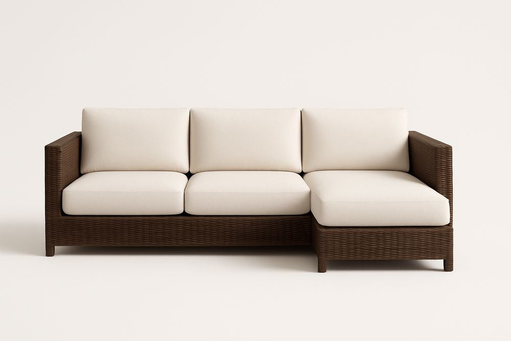 Canapé d'angle en résine tressée brun coussins beige