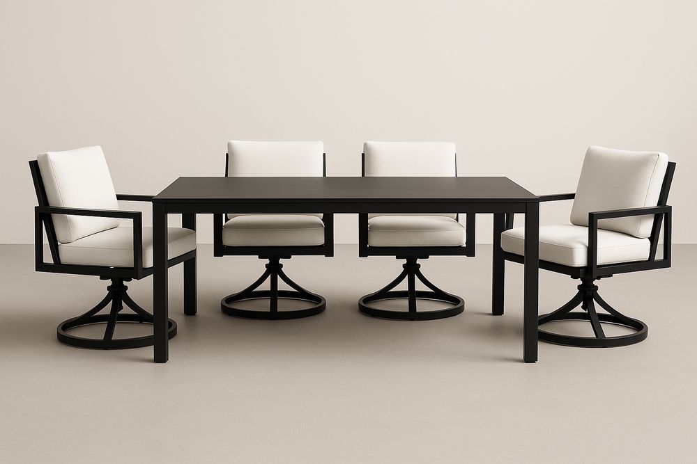 Ensemble table 4 chaises rotatives en métal noir et tissu blanc 180x90 cm