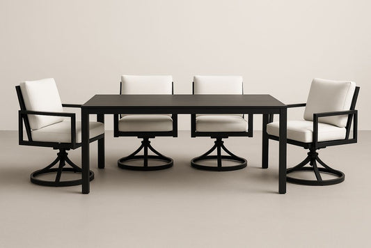 Ensemble table 4 chaises rotatives en métal noir et tissu blanc 180x90 cm