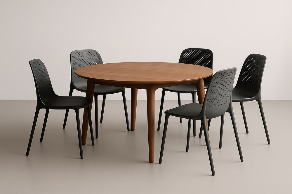 Table en bois marron et chaises en plastique noir, ensemble 6 pièces