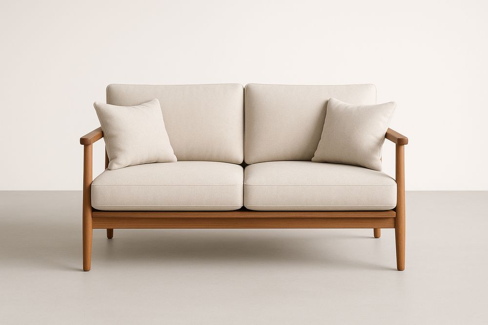 Canapé 2 places en bois et tissu beige