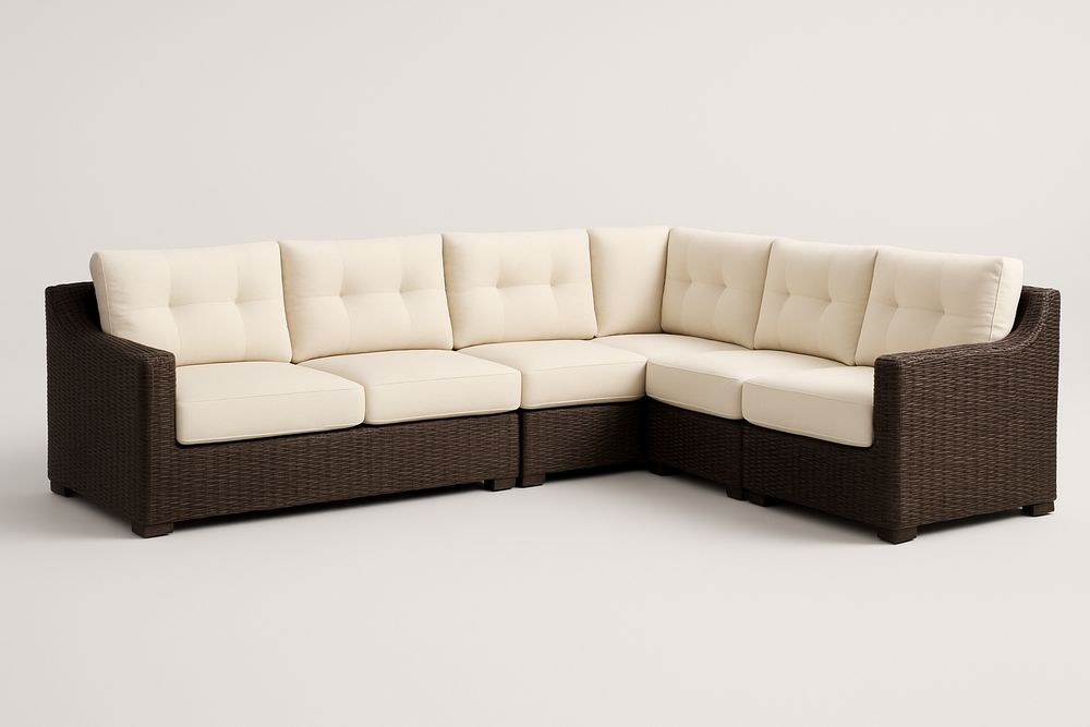 Canapé d'angle modulable en résine tressée marron avec coussins crème